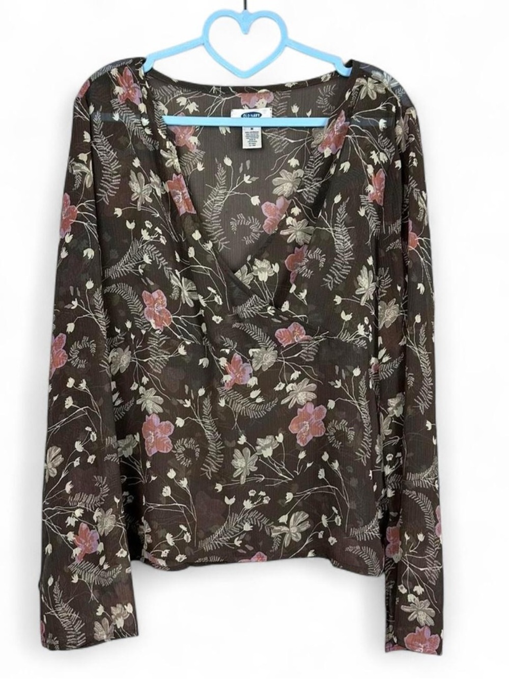 Floral V-Neck Long Sleeve Blouse - Brown with Pink & Cream Flowers